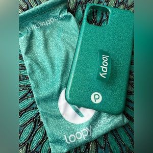 Loopy case for iPhone 11 Pro in sparkly green.